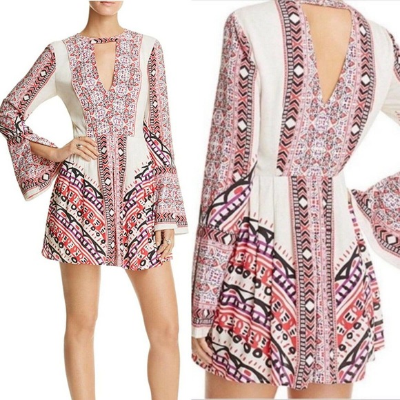 Free People Dresses & Skirts - Free People Mini Dress Size 2 Tegan Boarder Boho Printed Swing Long Sleeve $108